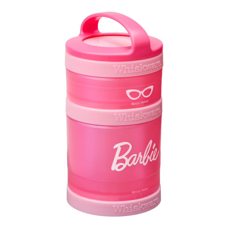 Pink snack container with 'Barbie' design, including Barbie logo and sunglasses.