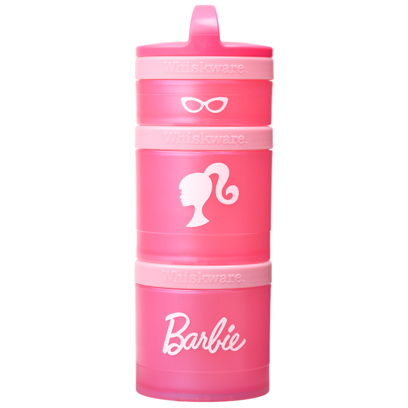 Pink Whiskware snack tower with Barbie logo on a white background