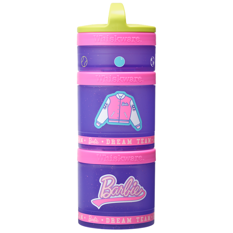 Pink and purple Whiskware snack containers with Barbie varsity jacket illustration and Barbie logo.