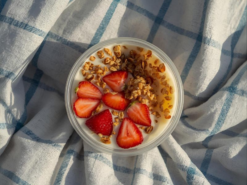 Strawberries and granola yogurt bowl on a blue and white blanket.