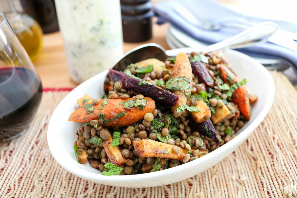 Root Vegetable & Lentil Salad with Tatziki Dressing