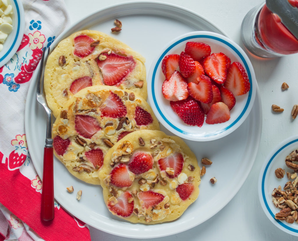 Strawberry Pecan White Chocolate Pancakes