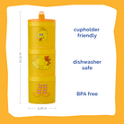 Yellow snack container with Big Bird Design on a white background, featuring text about its features: cupholder friendly, dishwasher safe, and BPA free.