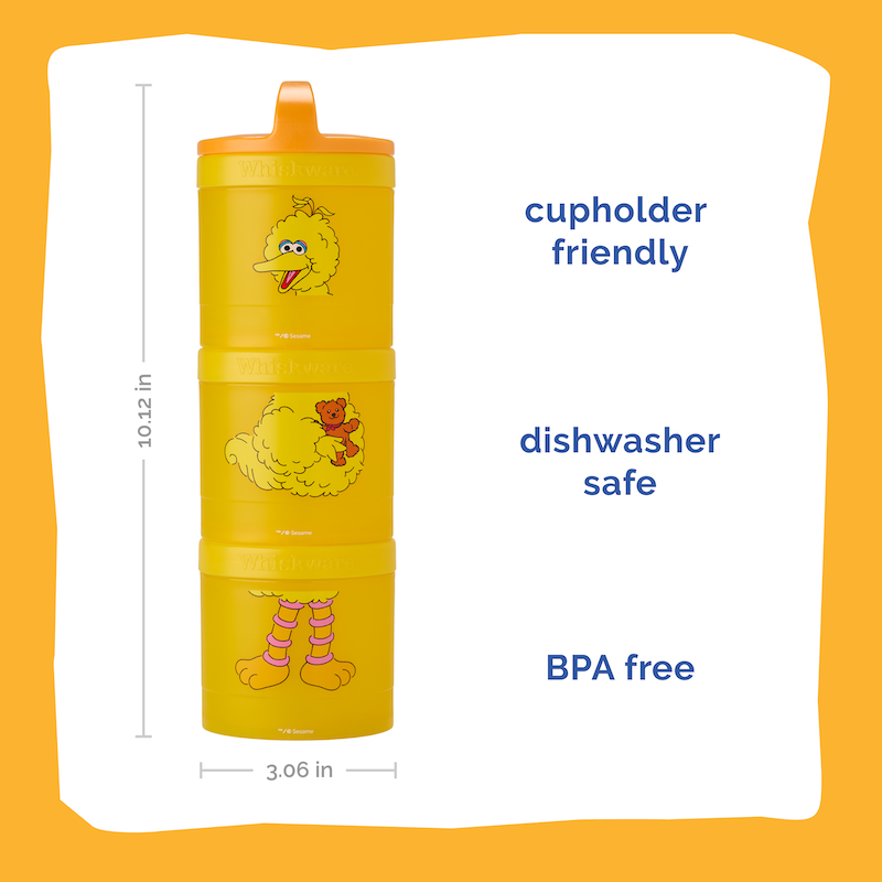 Yellow snack container with Big Bird Design on a white background, featuring text about its features: cupholder friendly, dishwasher safe, and BPA free.