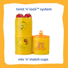 Yellow stackable cups with cartoon characters on a white background. Text highlighting it's twist 'n' lock™ system & mix 'n' match cups.