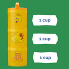 Yellow stackable container with cartoon characters on a green background