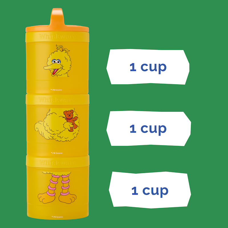 Yellow stackable container with cartoon characters on a green background