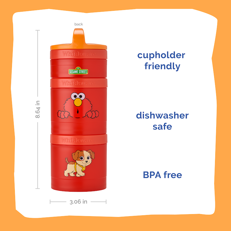Red stackable container with Sesame Street characters on an orange background. Text explains the containers are cupholder friendly, dishwasher safe, and BPA free.