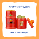 Red containers with cartoon characters on an orange background. Text explains the containers are cupholder friendly, dishwasher safe, and BPA free.