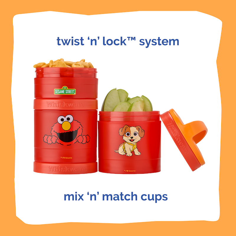 Red containers with cartoon characters on an orange background. Text explains the containers are cupholder friendly, dishwasher safe, and BPA free.