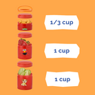 Red snack containers with cartoon characters and labeled capacities on an orange background. The top container holds 1/3 cup, while the bottom two hold 1 cup each.