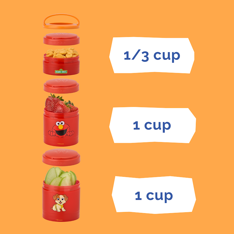 Red snack containers with cartoon characters and labeled capacities on an orange background. The top container holds 1/3 cup, while the bottom two hold 1 cup each.