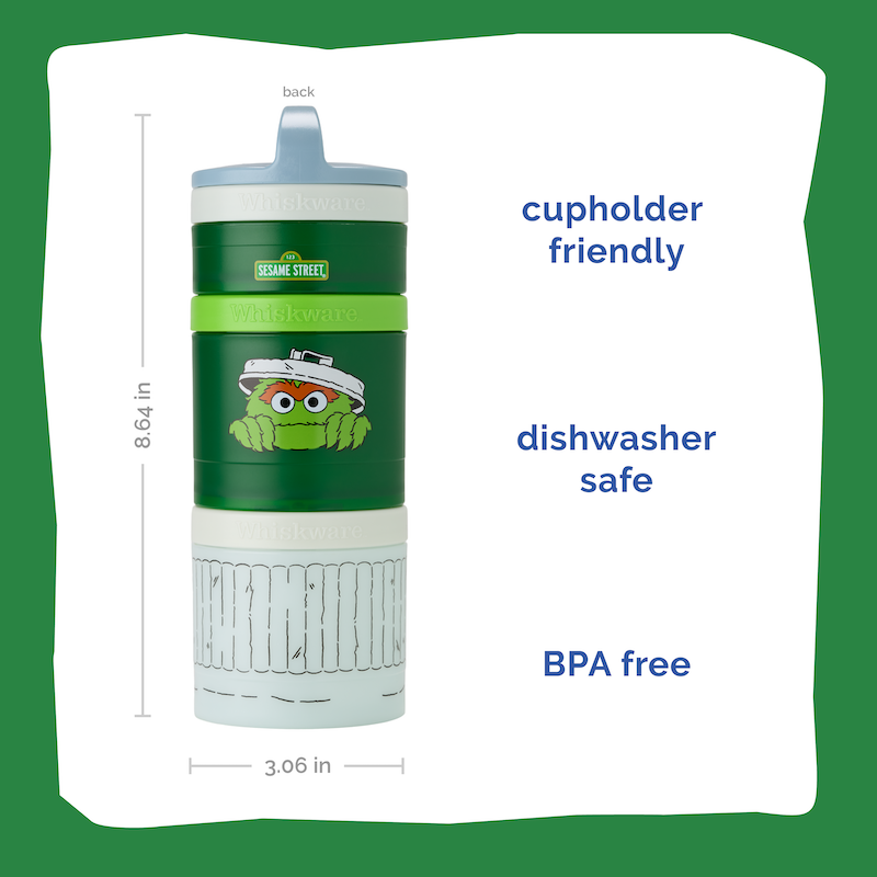 Green and white snack container with Sesame Street character, showing dimensions and features on a green background. Text explains the containers are cupholder friendly, dishwasher safe, and BPA free.