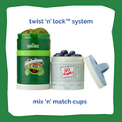 Sesame Street-themed food containers with a twist 'n' lock system on a green background.
