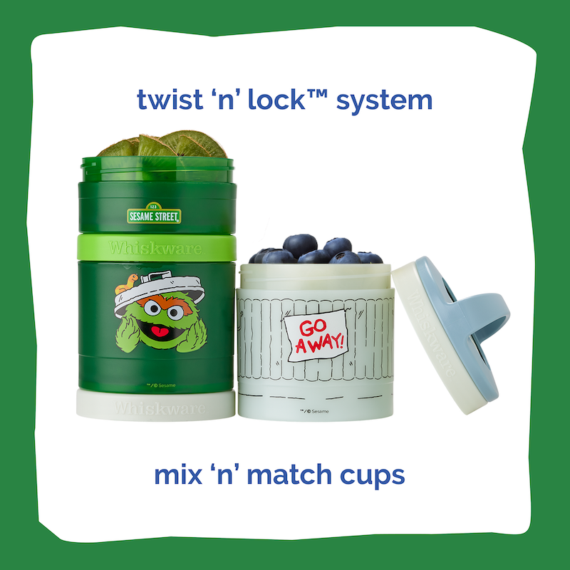Sesame Street-themed food containers with a twist 'n' lock system on a green background.