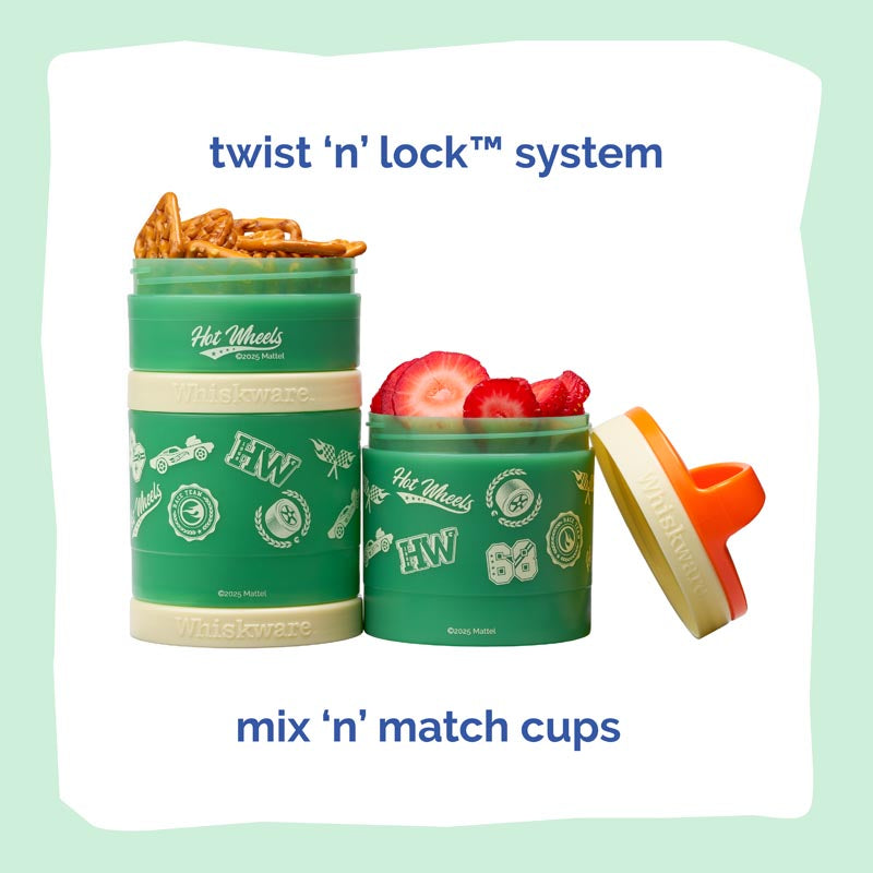 Hot Wheels snack containers with twist 'n' lock system & mix 'n' match cups