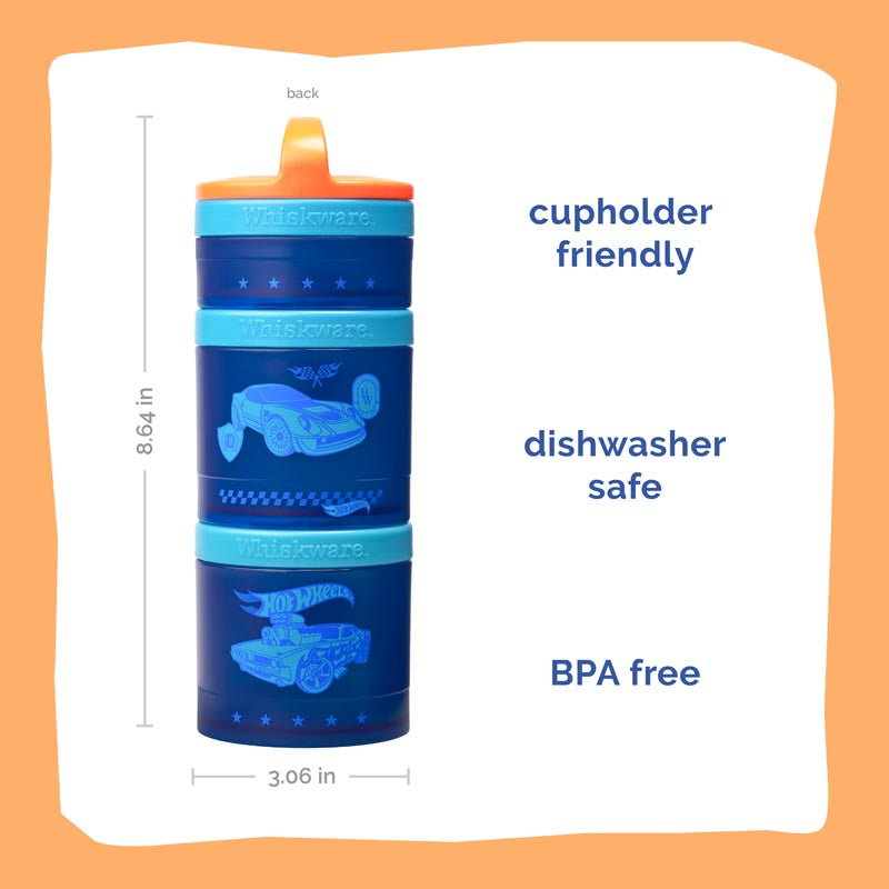 Snack container with a blue car design on a white background, labeled cupholder-friendly, dishwasher safe, and BPA-free.