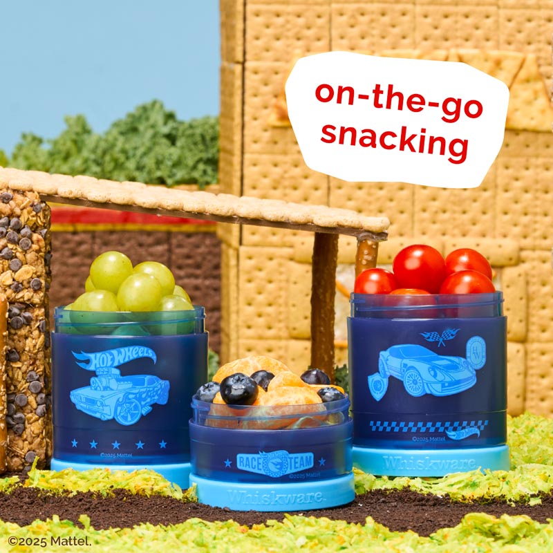 Blue snack containers with food items on a grassy surface with 'on-the-go snacking' text.