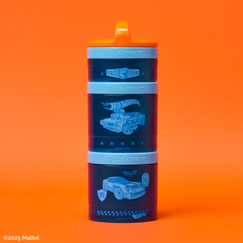 Hot Wheels snack container with blue car design on an orange background