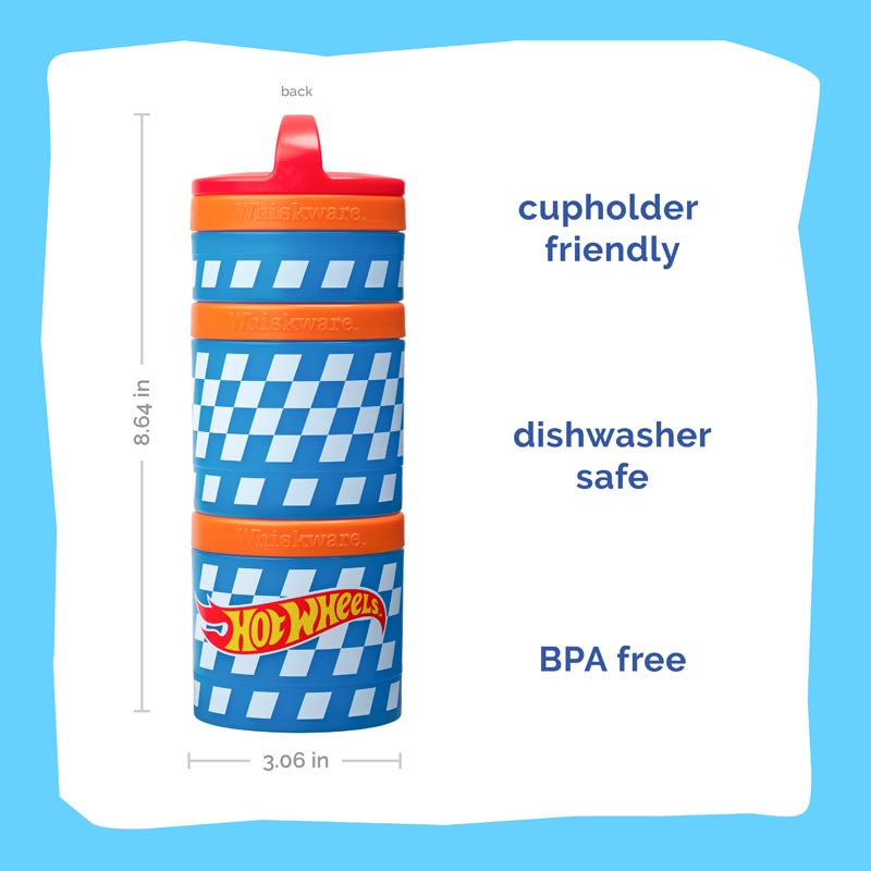 Snack container with a blue and white design on a white background, labeled cupholder-friendly, dishwasher safe, and BPA-free.