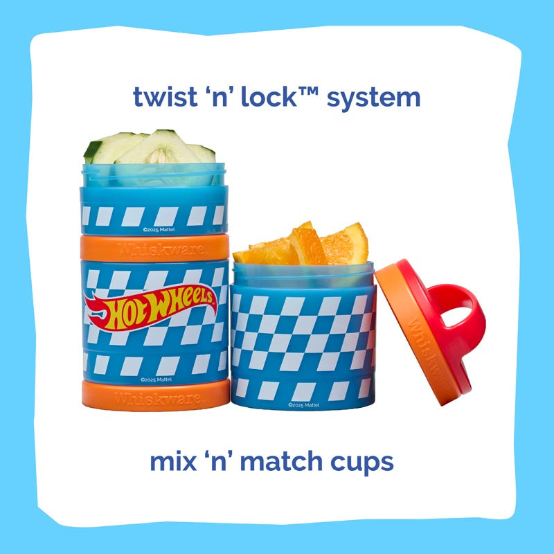 Hot Wheels snack containers with twist 'n' lock system & mix 'n' match cups