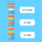 Product image of three blue containers on a light green background, with capacity labels showing the top cup holds 1/3 cup and the two bottom cups hold 1 cup each.