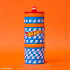 Hot Wheels snack container with blue and white design on an orange background