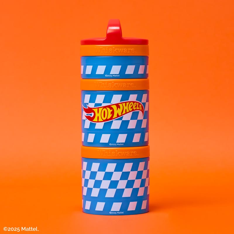 Hot Wheels snack container with blue and white design on an orange background