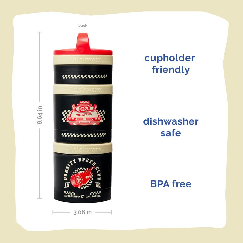 Snack container with a red and black design on a white background, labeled cupholder-friendly, dishwasher safe, and BPA-free.