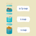 Product image of three blue containers on a light tan background, with capacity labels showing the top cup holds 1/3 cup and the two bottom cups hold 1 cup each.