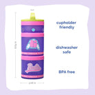 Barbie snack container with a purple and pink design on a white background, labeled cupholder-friendly, dishwasher safe, and BPA-free.