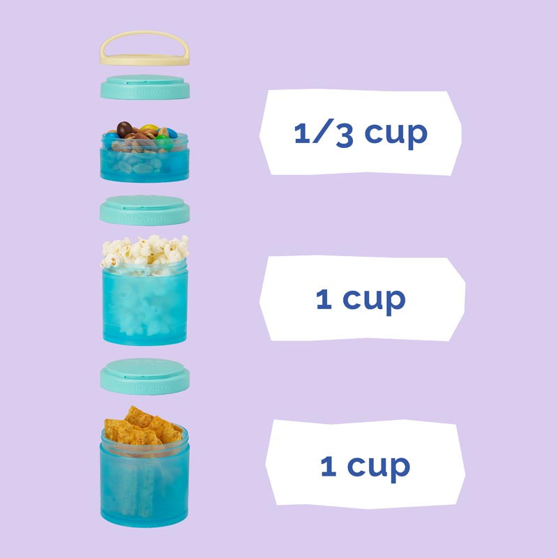 Product image of three blue containers on a light purple background, with capacity labels showing the top cup holds 1/3 cup and the two bottom cups hold 1 cup each.