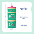 Barbie snack container with a green and pink design on a white background, labeled cupholder-friendly, dishwasher safe, and BPA-free.