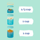 Product image of three blue containers on a light blue background, with capacity labels showing the top cup holds 1/3 cup and the two bottom cups hold 1 cup each.