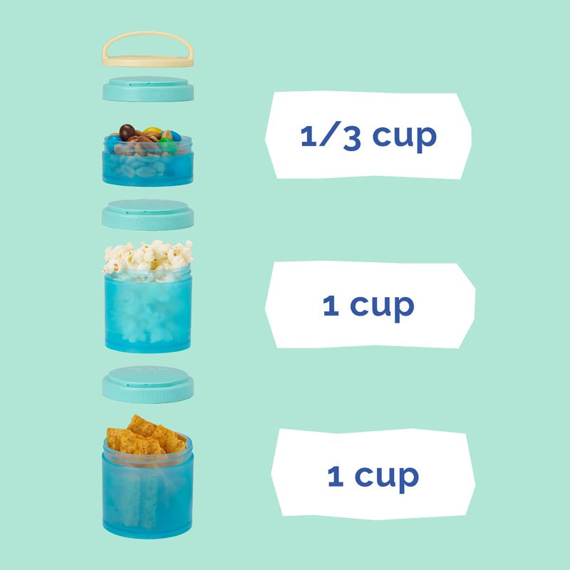 Product image of three blue containers on a light blue background, with capacity labels showing the top cup holds 1/3 cup and the two bottom cups hold 1 cup each.