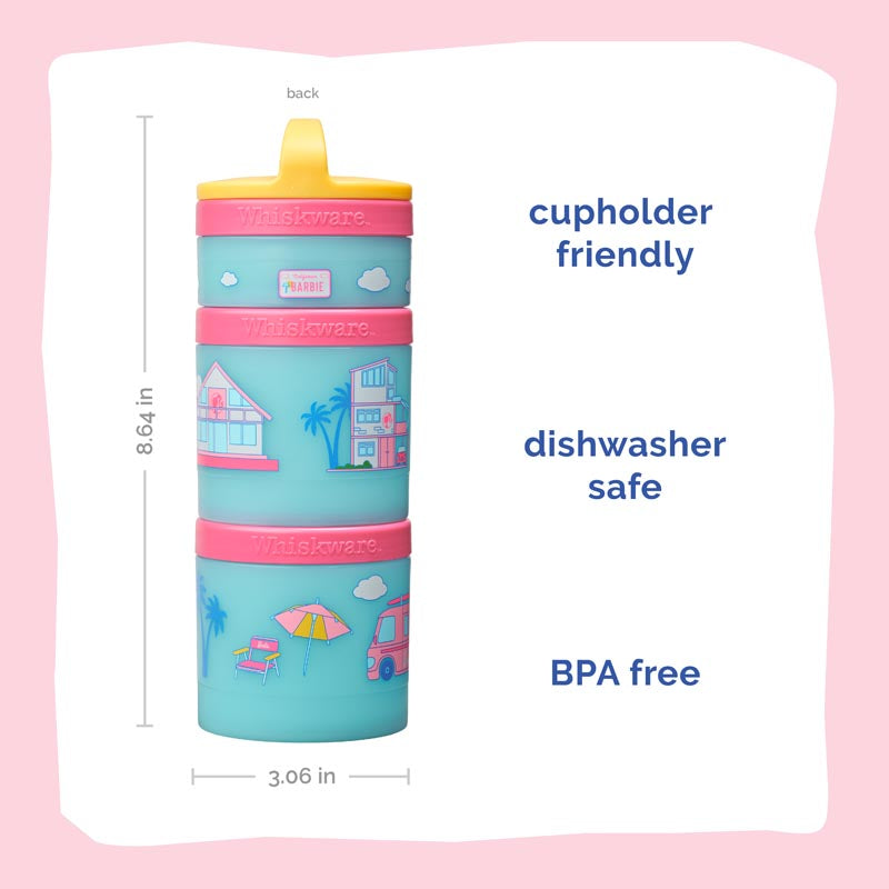 Barbie snack container with a blue and pink design on a white background, labeled cupholder-friendly, dishwasher safe, and BPA-free.