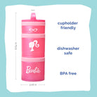 Barbie snack container with a pink design on a white background, labeled cupholder-friendly, dishwasher safe, and BPA-free.