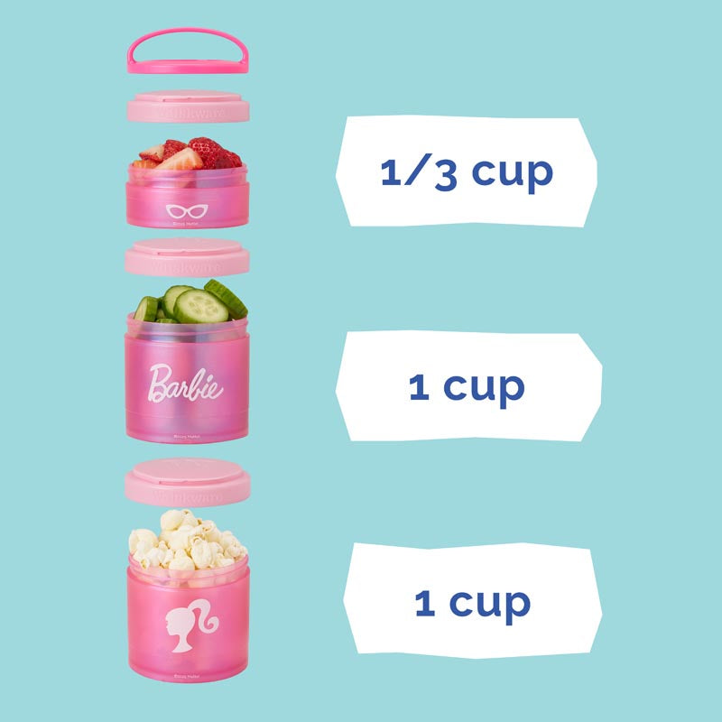 Product image of three pink Barbie containers on a light blue background, with capacity labels showing the top cup holds 1/3 cup and the two bottom cups hold 1 cup each.