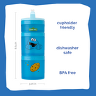 Blue cup with Sesame Street character on a white background with text about features. Text explains the containers are cupholder friendly, dishwasher safe, and BPA free.