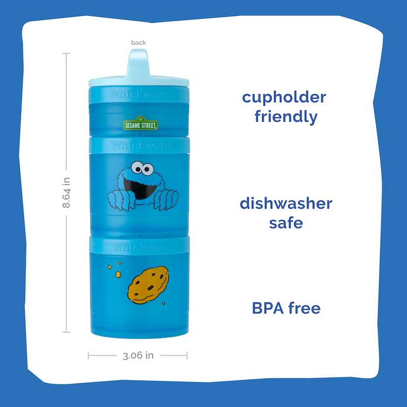 Blue cup with Sesame Street character on a white background with text about features. Text explains the containers are cupholder friendly, dishwasher safe, and BPA free.