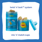 Blue snack containers with Sesame Street character design on a white background. Text highlights it's twist 'n' lock™ system & mix 'n' match cups.