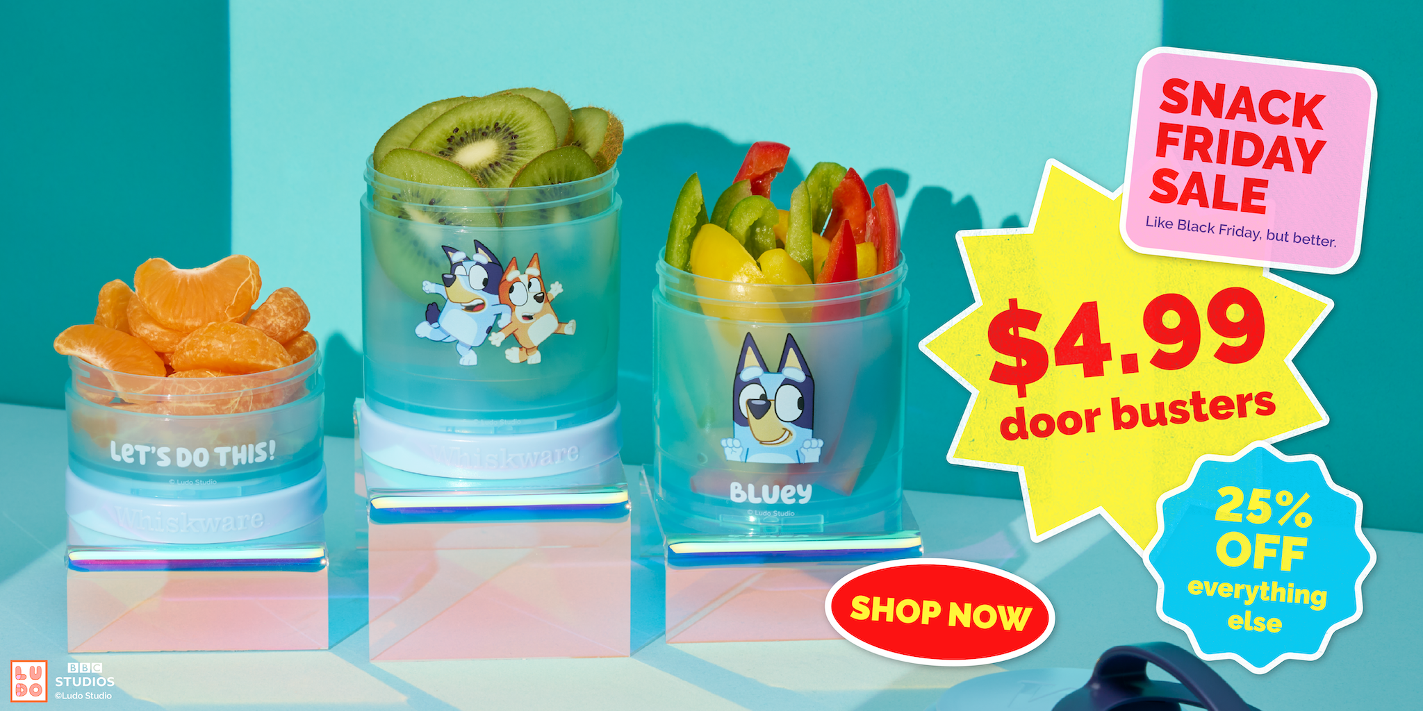 Three snack cups with cartoon characters on a blue background, featuring a 'Snack Friday Sale' promotion.