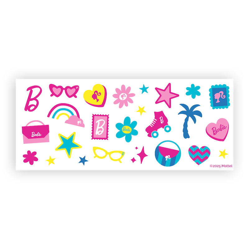 Collection of colorful Barbie™ stickers with various designs, including logos, sunglasses, palm trees, rainbows, and more.