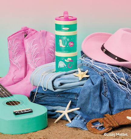 Pink cowboy boots, denim jeans, pink hat, turquoise ukulele, and Whiskware snack container with cowgirl design on a pink and teal background.