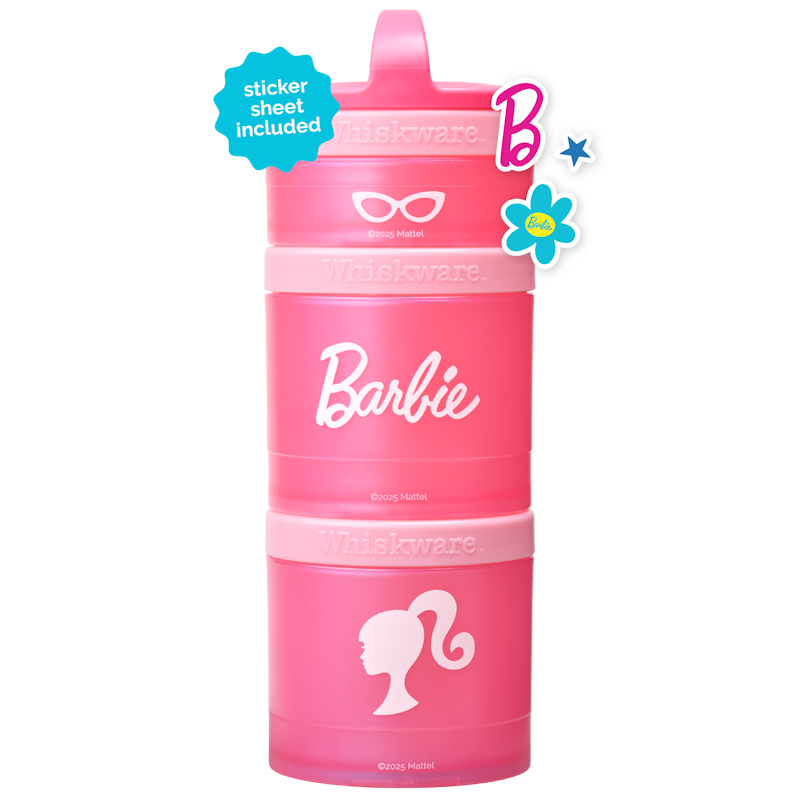 Pink Whiskware snack container with Barbie™ branding featuring Barbie stickers.