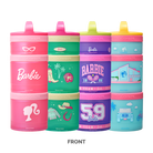 Set of four colorful snack containers with Barbie™ branding.