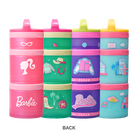 Set of four colorful snack containers with Barbie™ themed designs.