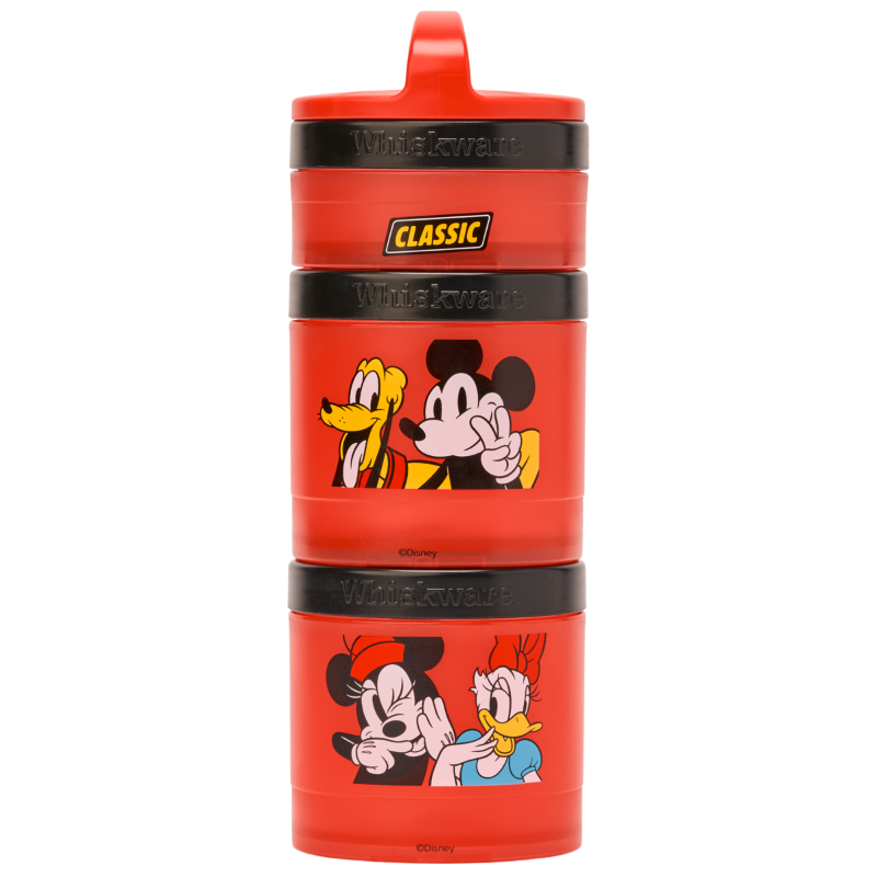 Red Whiskware snack container with Mickey and friends characters.