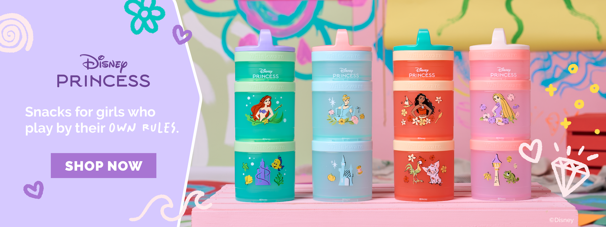 Disney Princess-themed snack containers on a colorful background with promotional text.