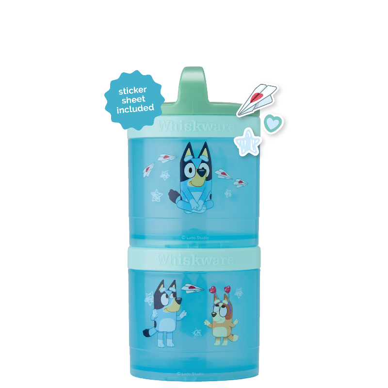 A stack of two Bluey themed snack containers with twist-top lids, featuring colorful illustrations of the character Bluey and other animals on a Valentine's Day background.